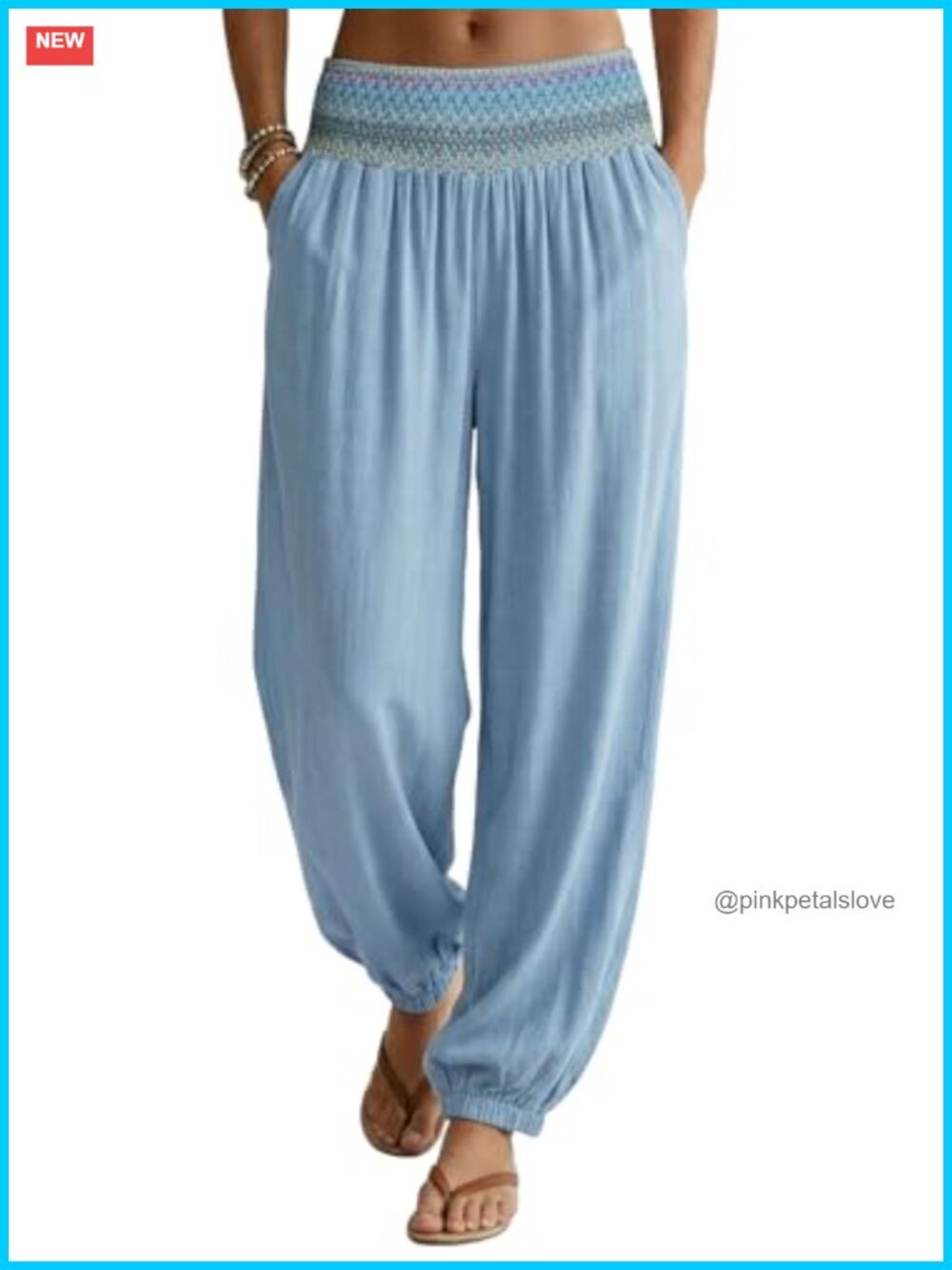 Smocked Waist Wide Leg Harem Pants with Pockets Bohemian Flowy Beach Pants